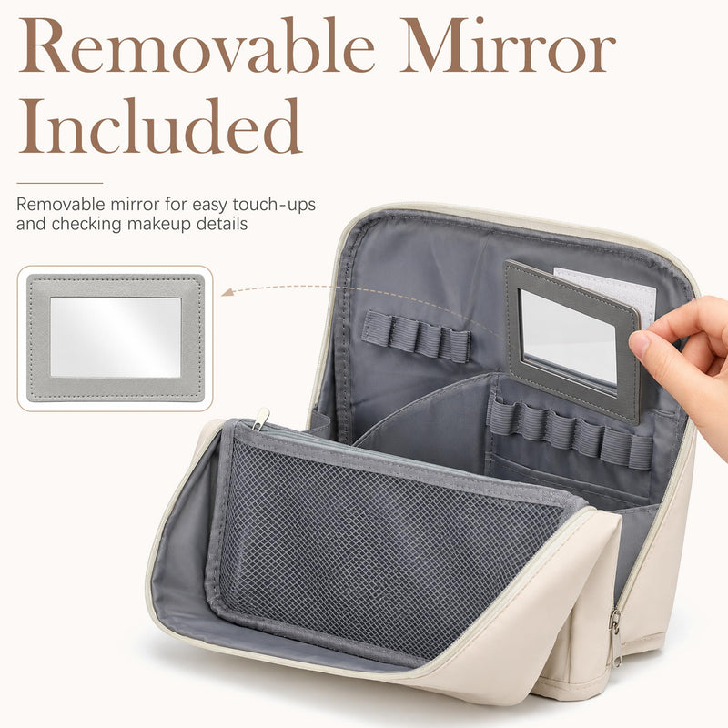 Travel Makeup Bag with Mirror and Phone Holder, Large Capacity Standing Cosmetic Bag for Women, Wide-Open Waterproof PU Leather Toiletry Bag with Divider and Luggage Strap for Skincare and Travel White