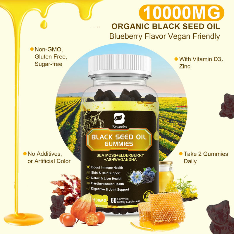 [Australia] - Black Seed Oil & Sea Moss Gummies, 2Pack Irish Sea Moss Gummies with Black Seed Oil, Ashwagandha Extract, Elderberry, Turmeric, Vitamin C, Vitamin D3 - Immune Support, Joints, Digestion, Hair & Skin 120 Count (Pack of 1) 