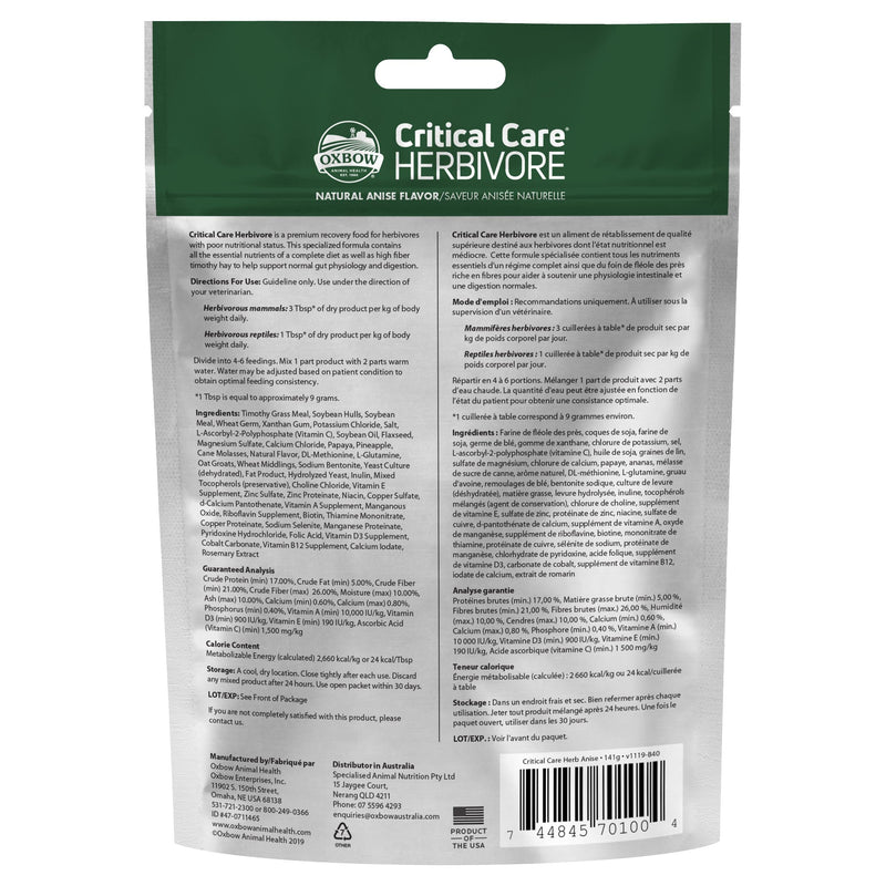 Oxbow Critical Care Herbivore, Emergency Guinea Pig Food, Rabbit Food for Recovery, Natural Anise Flavor, Veterinary Formula, Critical Care for Guinea Pig Emergency Kit, 141 gram bag 4.97 Ounce (Pack of 1)