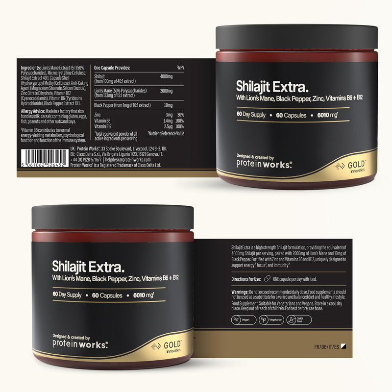Shilajit Extra - Gold, with Lion's Mane, Black Pepper, Vitamin B12 & B6, Zinc, High Strength Himalayan Shilajit, Focus, Energy, Immune Support, Vegan, 60 Capsules | Protein Works