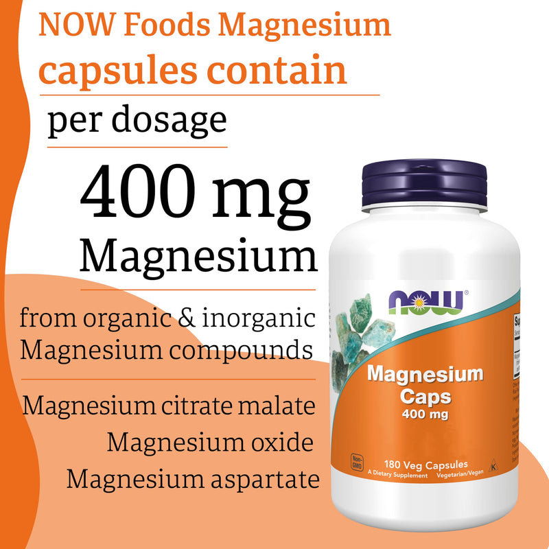 Now Foods, Magnesium Caps, 400mg, 180 Vegan Capsules, Minerals, Gluten Free, SOYA Free, Vegetarian