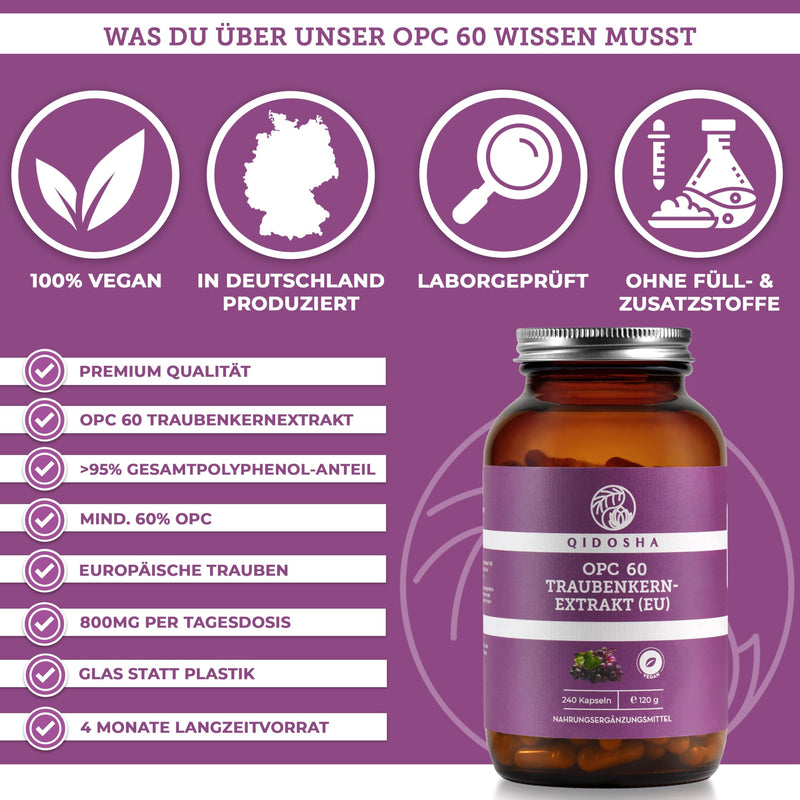 [Australia] - QIDOSHA® Premium OPC grape seed extract high dosage I TEST WINNER 08/2023* I 240 pieces in a glass I OPC capsules high dosage with 60% pure OPC I 800mg grape seed extract with 480mg OPC per daily dose I vegan glass (240 capsules) 