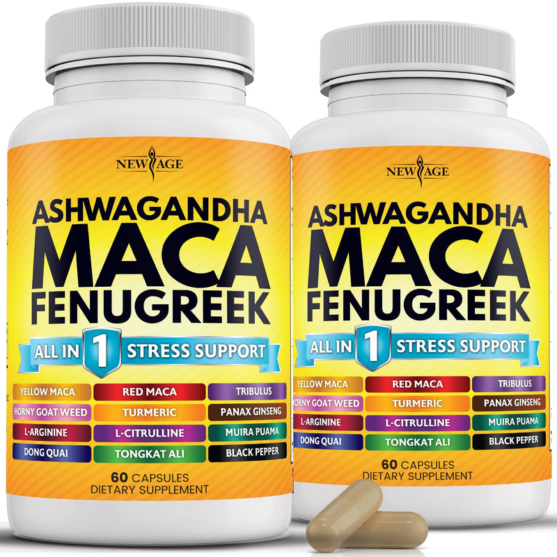 NEW AGE Ashwagandha 5000mg Maca Root 5000mg Fenugreek 3000mg Supplement with Tongkat Ali Ginseng - Assists with Overal Mood - Made in USA - 120 Count