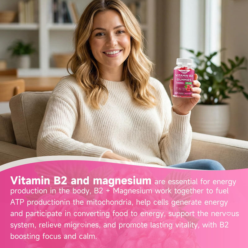 2 Pack Vitamin B2 400mg Gummies with Magnesium, Raspberry, 120 Count | High-Potency Riboflavin with Magnesium for Head Comfort, Energy & Nervous System Support, Sugar Free, Vegan, Non-GMO 60 Count (Pack of 2)