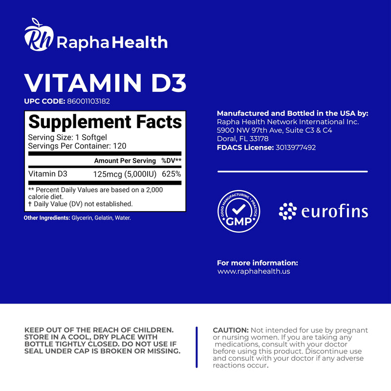 Vitamin D3 High Potency | 5000 IU for Immune, Bone, and Cardiovascular Support | Enhances Mood and Muscle Function | 120 Softgels - 4 Month Supply