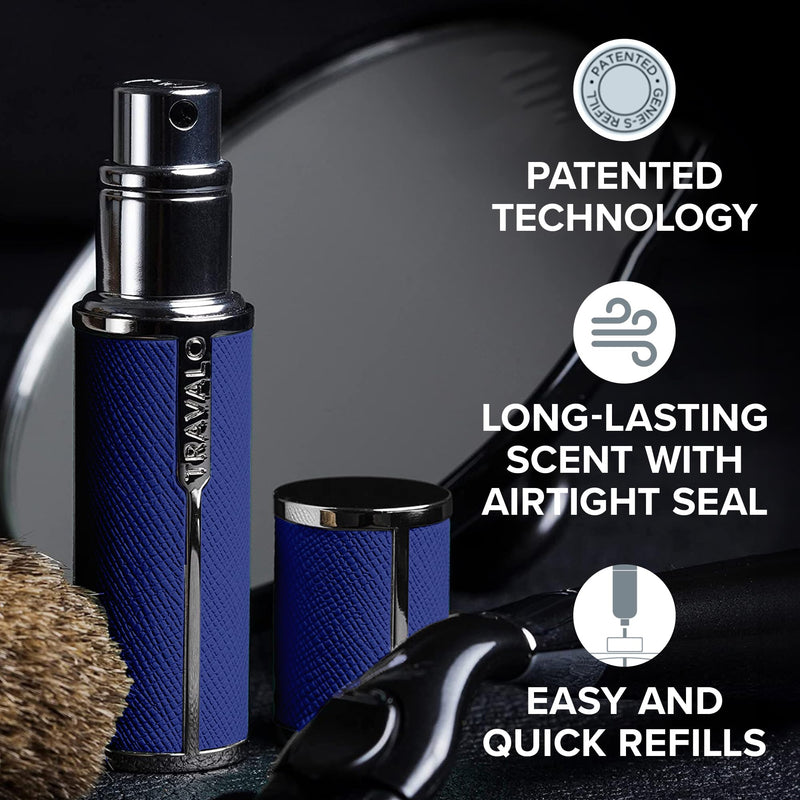 Travalo Milano Perfume Atomizer - Leak-Proof and TSA Approved for Air Travel - Reusable, Airtight, Easy Fill Mini Pump Sprayer - Lightweight, Vegan Leather with Polished Metal Outer Shell - Blue