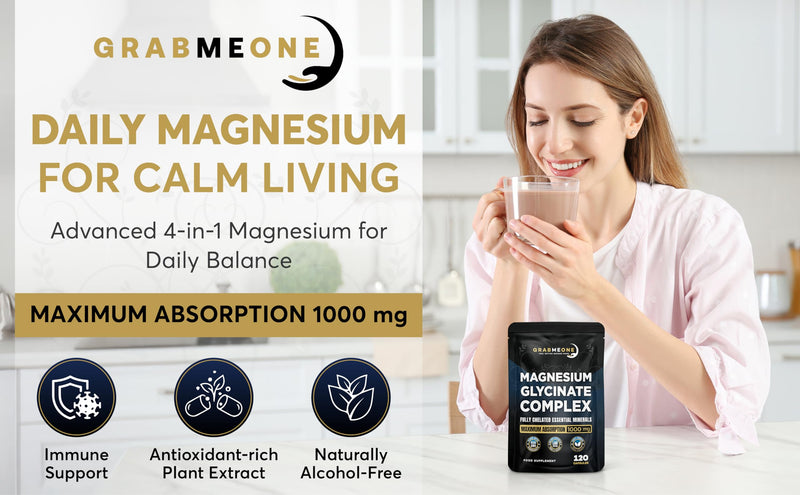 Magnesium Glycinate- 4-in-1 Complex -1000mg Supplements (Bisglycinate) Chelated Citrate & Malate (120) High Elemental dose Vegan Capsules, High Absorption 120