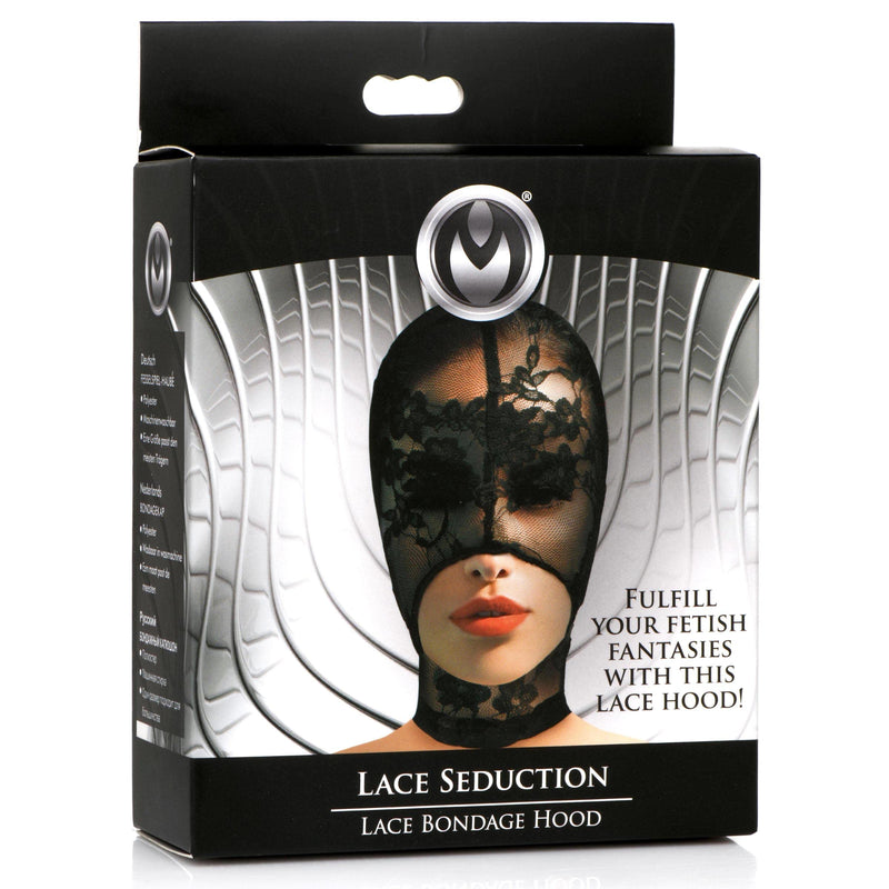 [Australia] - Master Series Lace Seduction Bondage Hood. BDSM Mask and Sexy Fetish Fantasy Costume for Women, Men & Adult Couples. Machine Washable, Polyester, Black, One Size Fits Most 