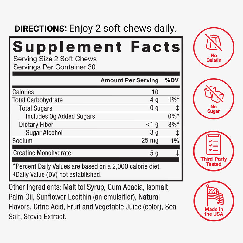 [Australia] - FORCE FACTOR Legendary Creatine Chews, 5g Creatine Monohydrate, Build Muscle, Improve Strength & Recovery, Support Memory & Cognitive Function, Sugar Free, Berry Blast, 60 Soft Chews 