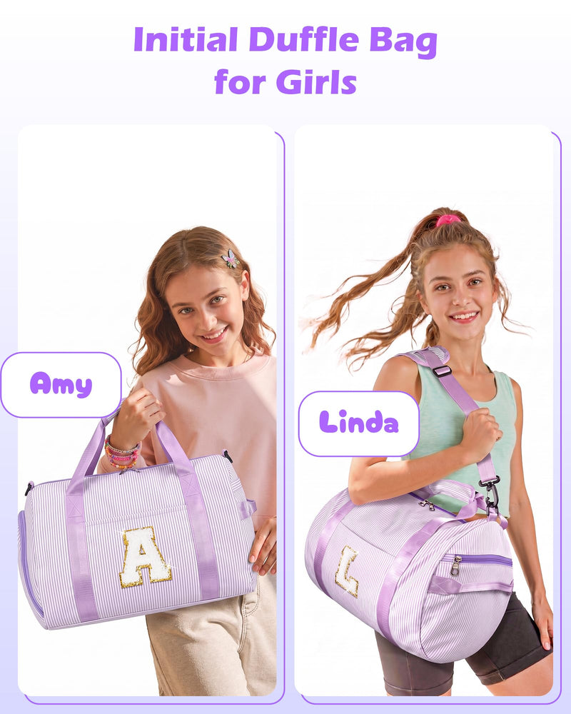 Birthday Gifts for 9 Years Old Girl, Girls Travel Duffle Bag, Gift | Teen Girl Gifts, Dance Bag for Girls, Kids Overnight Bags with Shoe Compartment & Makeup Pouch, Initial Gym Bag (Letter A) Purple