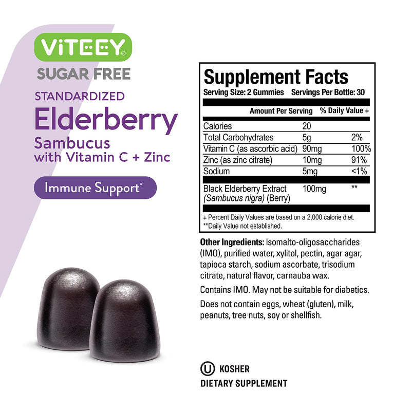 Viteey Sambucus Elderberry Gummies for Adults & Teens + Zinc & Vitamin C | Sugar Free - Immune Support & Booster Herbal Supplement - Vegan, Gluten Free, Gelatin Free, GMO Free, Chewable Berry Flavored 60 Count (Pack of 2)