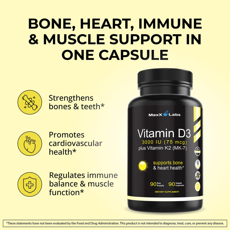 Vitamin D3 K2 3000 IU with Vitamin K as MK-7 from Natto, Non-GMO, 90 Ct | High Potency Vitamin D Supplement Support Healthy Bones, Teeth, Heart & Immune Function - Gluten Free, USA Made, 90 Servings 90 Count (Pack of 1) Vitamin D3 + K2 Capsules