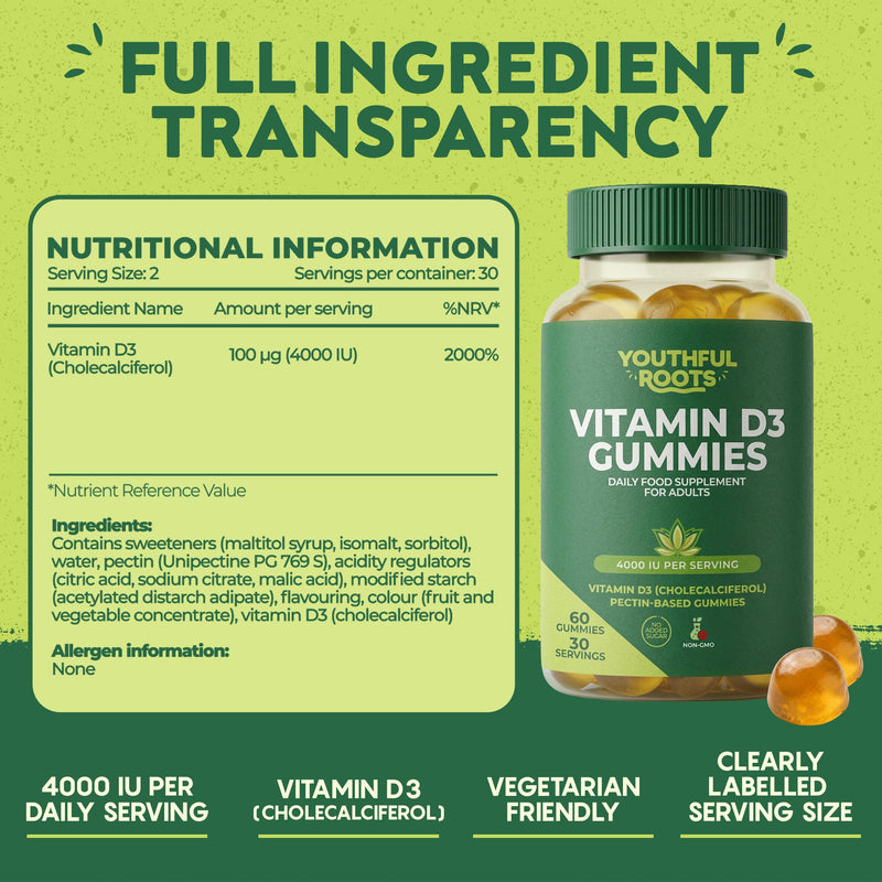Vitamin D3 Gummies 4000 IU – High Strength for Adults – Immune, Bone & Muscle Support – Vegetarian - Peach Flavour - Sugar Free – 60 Gummies 1 count (Pack of 1)