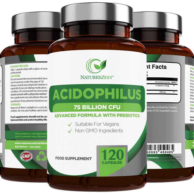 Acidophilus Probiotic Capsules 75 Billion CFU - 120 High Strength Vegan Probiotics for Gut Health with Prebiotics, Lactobacillus Acidophilus & Friendly Bacteria for Men & Women, Gluten Free, UK Made