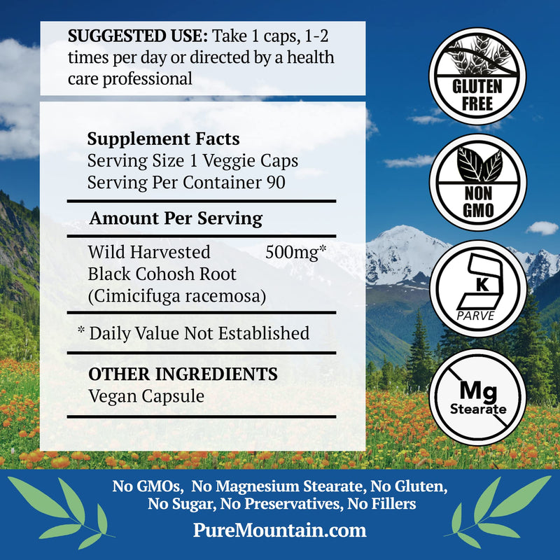 [Australia] - Pure Mountain Botanicals Black Cohosh Capsules - 90 Kosher Vegan Caps - Now with 500mg Wild Black Cohosh Root - Natures Support for Menopause 