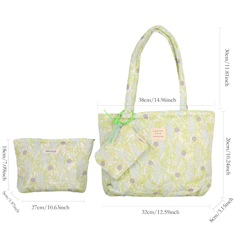 Floral Quilted 3-in-1 Bag Set for Wome Cotton Large Shoulder Tote with Medium Cosmetic Bag Mini Organizer Pouch A039 Purple