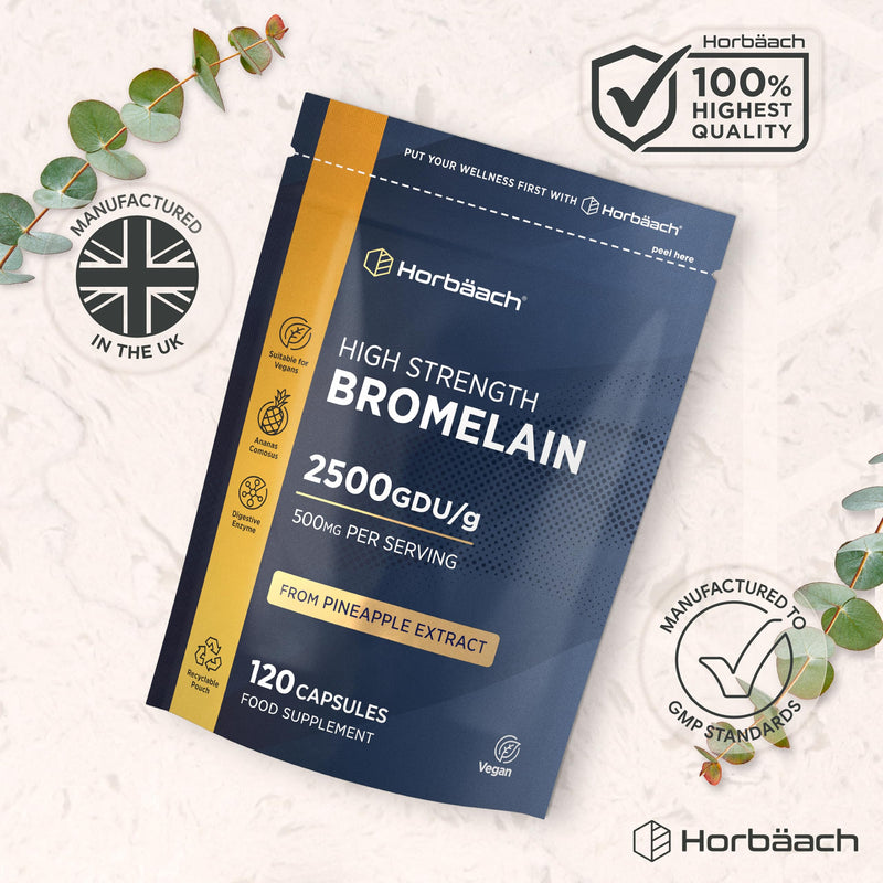 Bromelain Capsules 2500GDU/g | High Strength Digestive Enzyme Supplement from Pineapple Extract (Ananas Comosus) | 500mg | 120 Vegan Capsules | by Horbaach
