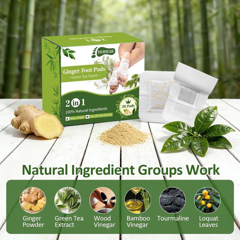 Green Tea Bamboo Vinegar Foot Pads with Ginger, 2 in 1 Design Premium Herbal Foot Care Patches. Use During Sleep. for Tired Feet, Stress & Fatigue Relief, for Better Sleep, Feel Better, 30 Count 30 Pads