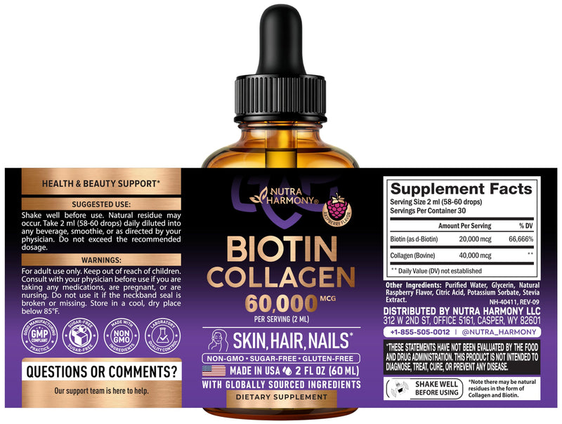 Liquid Biotin & Collagen 60,000mcg - Biotin for Hair Growth Support - 2 Oz | Liquid Collagen Supplement & Biotin - Extra Strength Drops for Women & Men - Strong Nails & Healthy Skin - Raspberry Flavor 2 Fl Oz (Pack of 1)