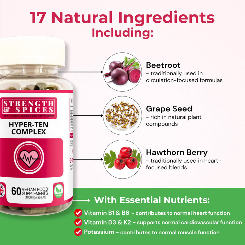Strength & Spices Blood Pressure Aid Capsules – 17 Natural Ingredients incl. Beetroot, Hawthorn & Grape Seed – with Potassium, Vitamin B1 & Magnesium – UK Made, Vegan, ISO Certified, 60 Capsules