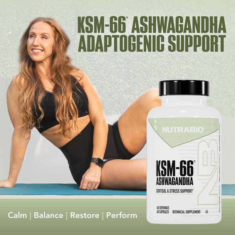 [Australia] - NutraBio Ashwagandha KSM-66 | Ashwaganda Herbal Supplement for Stress, Mood, & Performance | 600 MG of Clinically Studied KSM66 60 Capsules 60 Count (Pack of 1) 