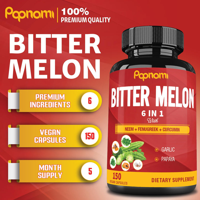 [Australia] - Organic Bitter Melon Extract Capsules - Combined Neem, Fenugreek, Curcumin, Garlic & Papaya - 150 Count for 5 Months - Supports Body, Digestive, Skin, Immune & Overall Wellness 