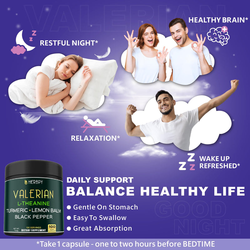 [Australia] - 5in1 Valerian Root Capsules Plus L-Theanine, Lemon Balm, Turmeric and Black Pepper for Relaxation, Restful Night, Digestion & Immune Support - 100 Count 