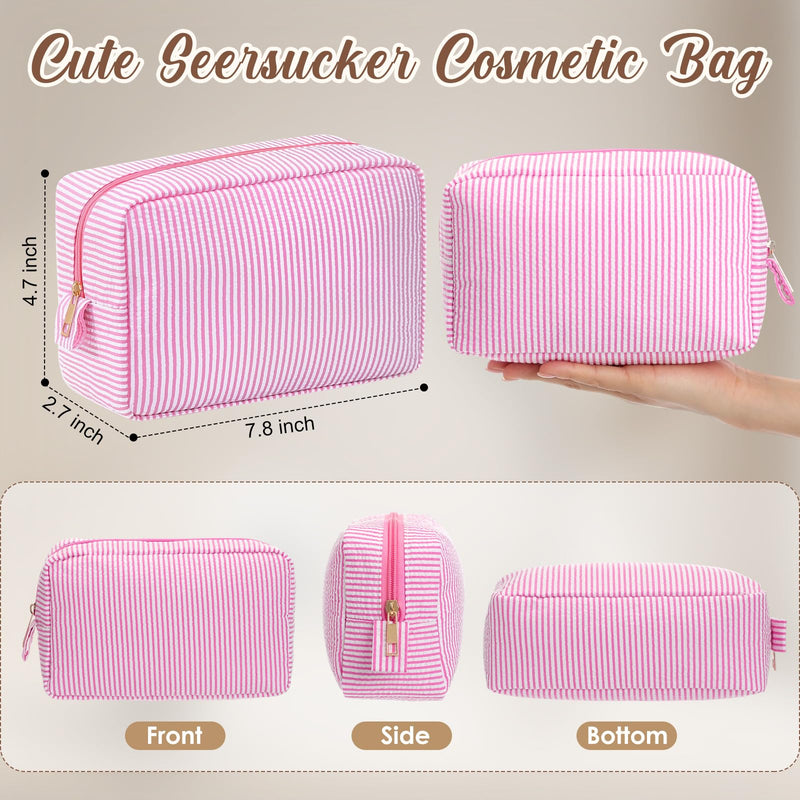 Sanwuta 10 Pcs Seersucker Cosmetic Bag Seersucker Makeup Bag Women Stripe Large Travel Toiletry Organizer Preppy Storage Pouch for Embroidery Wedding Bridesmaid Bride Mom (Pink) Pink