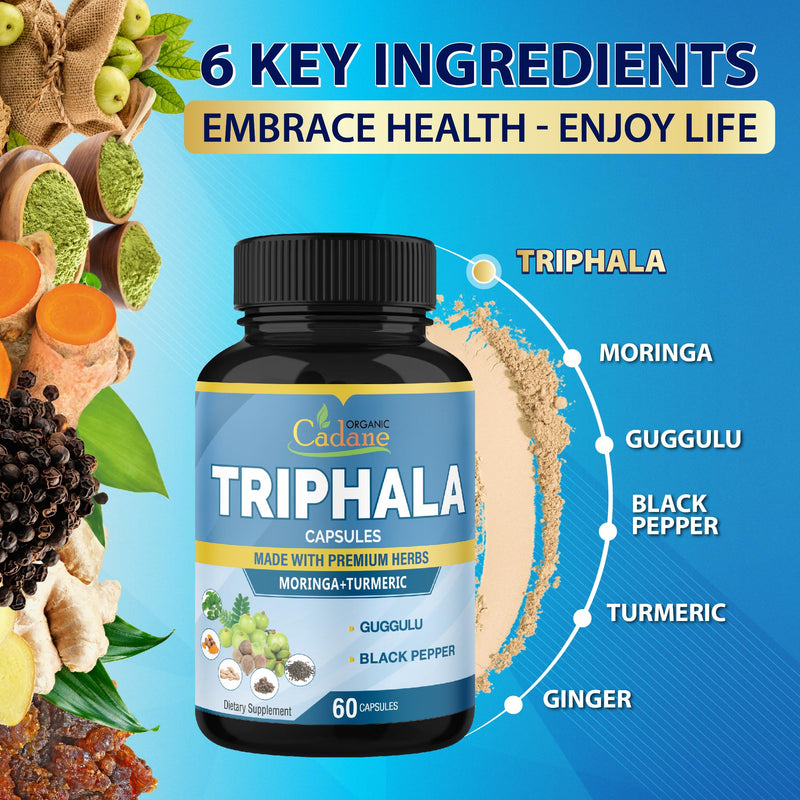 [Australia] - Organic Cadane Triphala Extract Capsules - 6 Premium Ingredients Complex with Turmeric, Moringa, Guggul, Ginger, and Black Pepper - 60 Caps for 2 Months Supply 