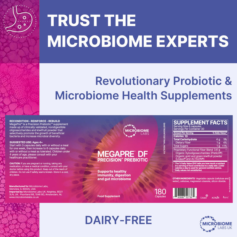Microbiome Labs MegaPre DF - Dairy-Free Prebiotic Fibre Supplement for Gut Health with Clinically Tested Oligosaccharides – Prebiotics for Akkermansia muciniphila & Microbial Diversity (180 Capsules) Dairy Free Megapre