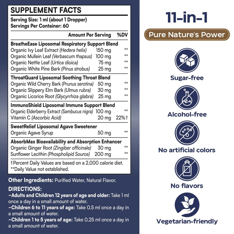 [Australia] - Liposomal Respiratory Relief Drops - Mullein Drops for Lungs with Elderberry, Licorice Root, and Slippery Elm Bark - Support Lung Cleanse and Mucus Relief - Suitable for Kids and Adults (1Pack) 60 Fl Oz (Pack of 1) 