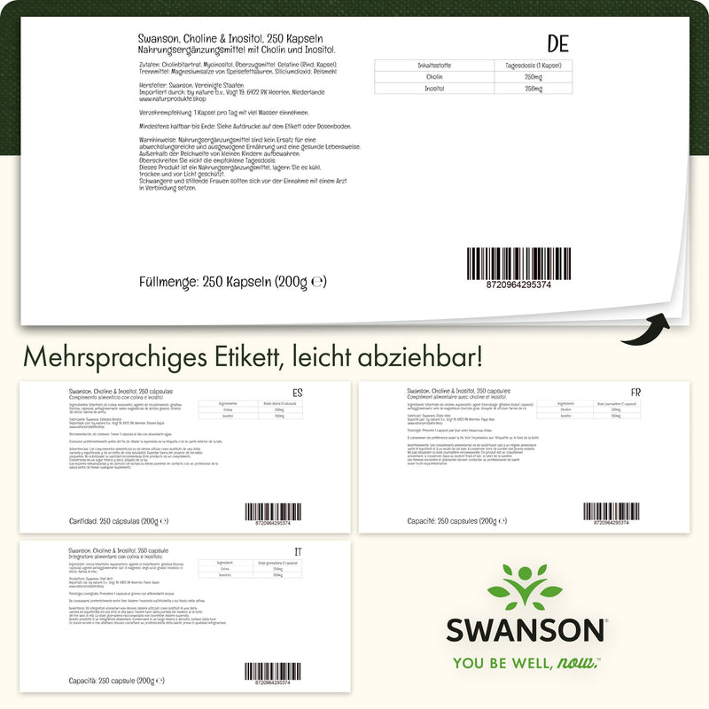 [Australia] - Swanson Choline & Inositol, 250mg/250mg, 250 capsules, high dosage, laboratory tested, soy-free, gluten-free, non-GMO 