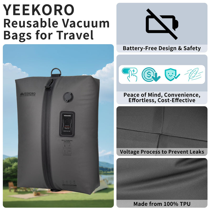 Vacuum Bag for Travel, Reusable Compression Bags with Built-in Pump | IPX8 Waterproof Packing Cubes for Suitcase, Durable Airtight TPU Space Saver Bags for Clothing, Carry On• Safe(1 PACK) Translucent black 1 PACK