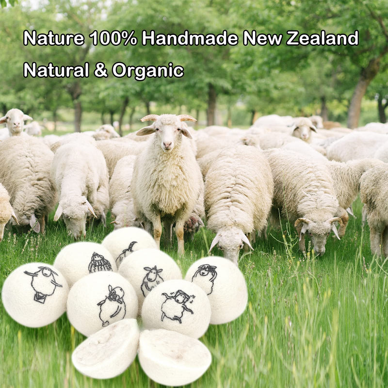 Wool Dryer Balls, 8PCS Dryer Balls with Happy Sheep - Natural & Organic, 100% New Zealand Wool Handmade, Chemical-Free Reusable Laundry Balls, Anti-Static Reduce Wrinkles and Save Time White