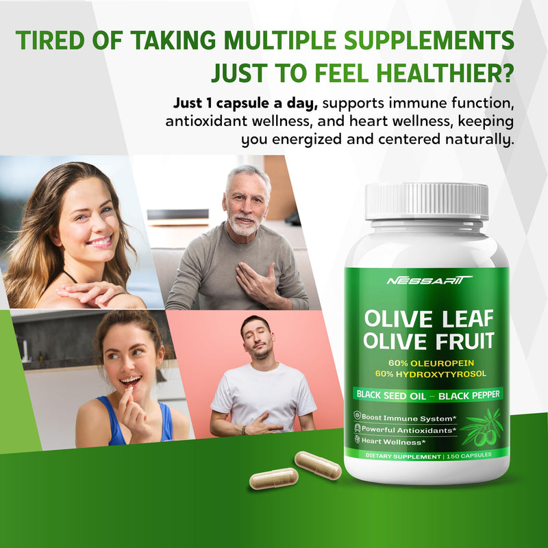 [Australia] - Olive Leaf & Olive Fruit 9,100mg with 60% Oleuropein & 60% Hydroxytyrosol ‚Äì Plus Black Seed Oil & Black Pepper ‚Äì 150 Capsules ‚Äì Made in USA 150 count (Pack of 1) 