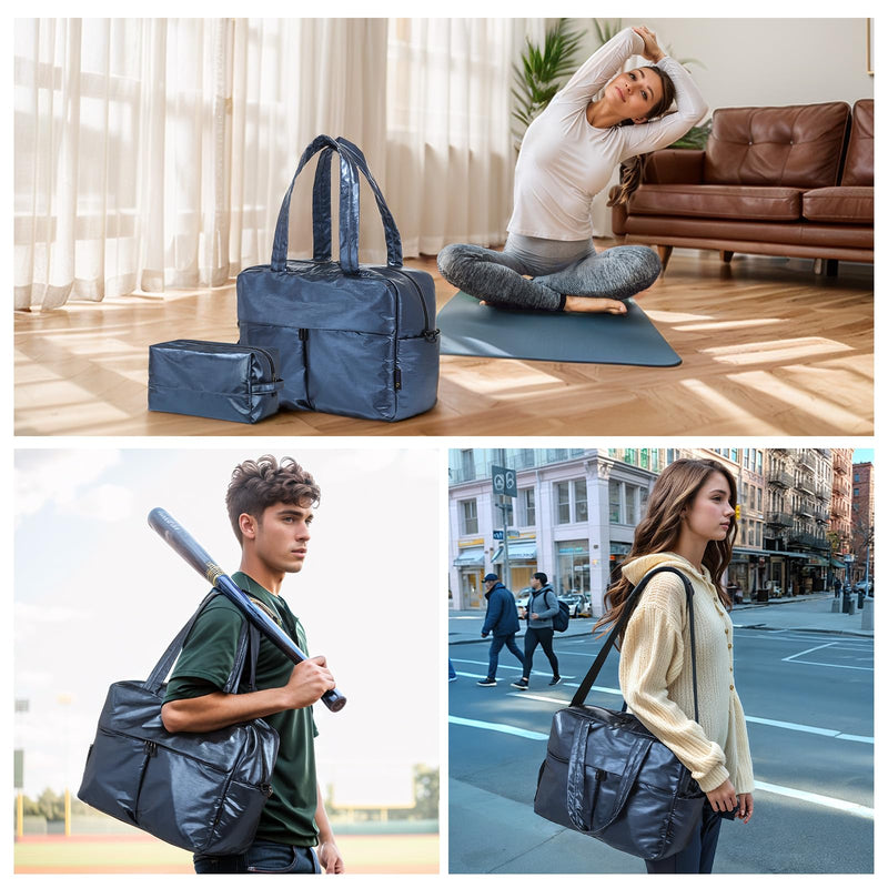 DTGN 45L Travel Duffle Bag Waterproof Carry on Bag for Women, Lightweight Weekender Bag with Shoe Pocket, Casual Gym Overnight Luggage Bag (Dark Blue)