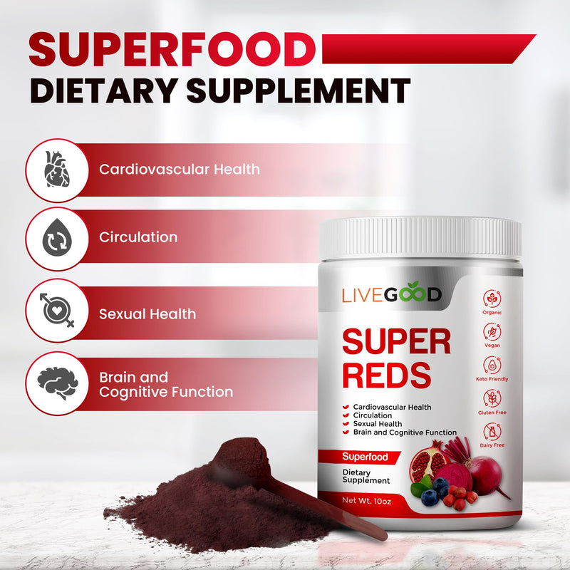 [Australia] - LIVEGOOD™ Organic Super Reds with Alfalfa, Barley Grass, Beet Root, Pomegranite, Grape Seed, Vegan, Gluten Free, 7.2 oz. 