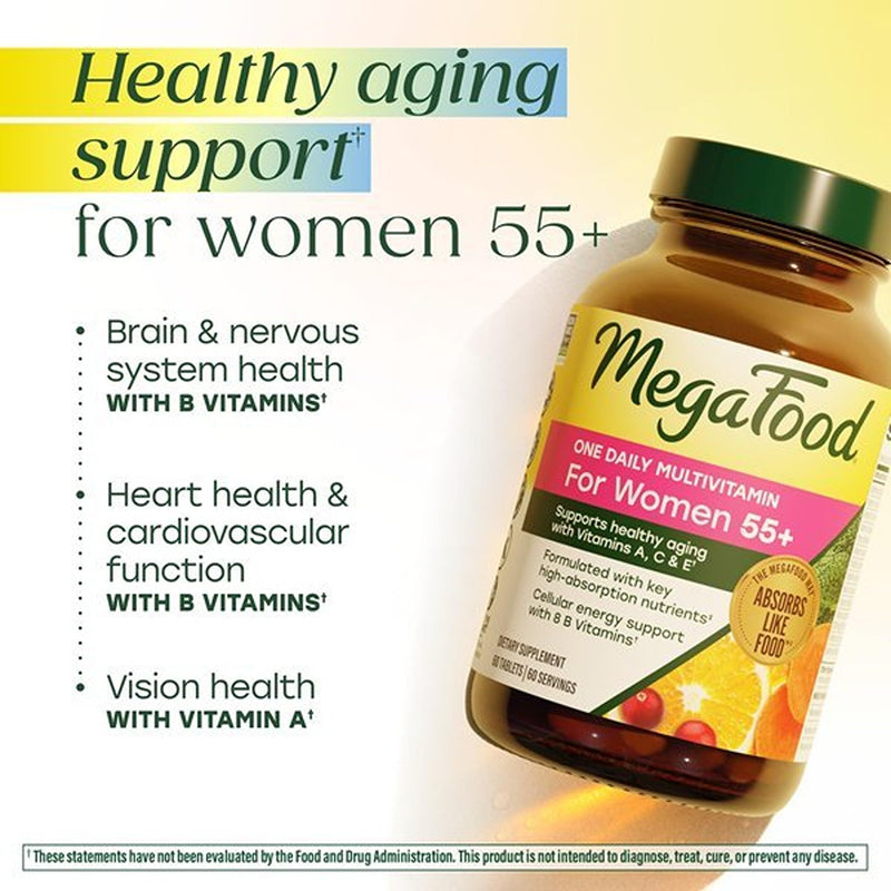 MegaFood One Daily Multivitamin for Women 55+ with 19 Nutrients, 60 Tablets | Supports Healthy Aging with Vitamin C, A, E, Cellular Energy Support with B Vitamins, D3 & Zinc, Vegetarian, 60 Servings 60 Count (Pack of 1)