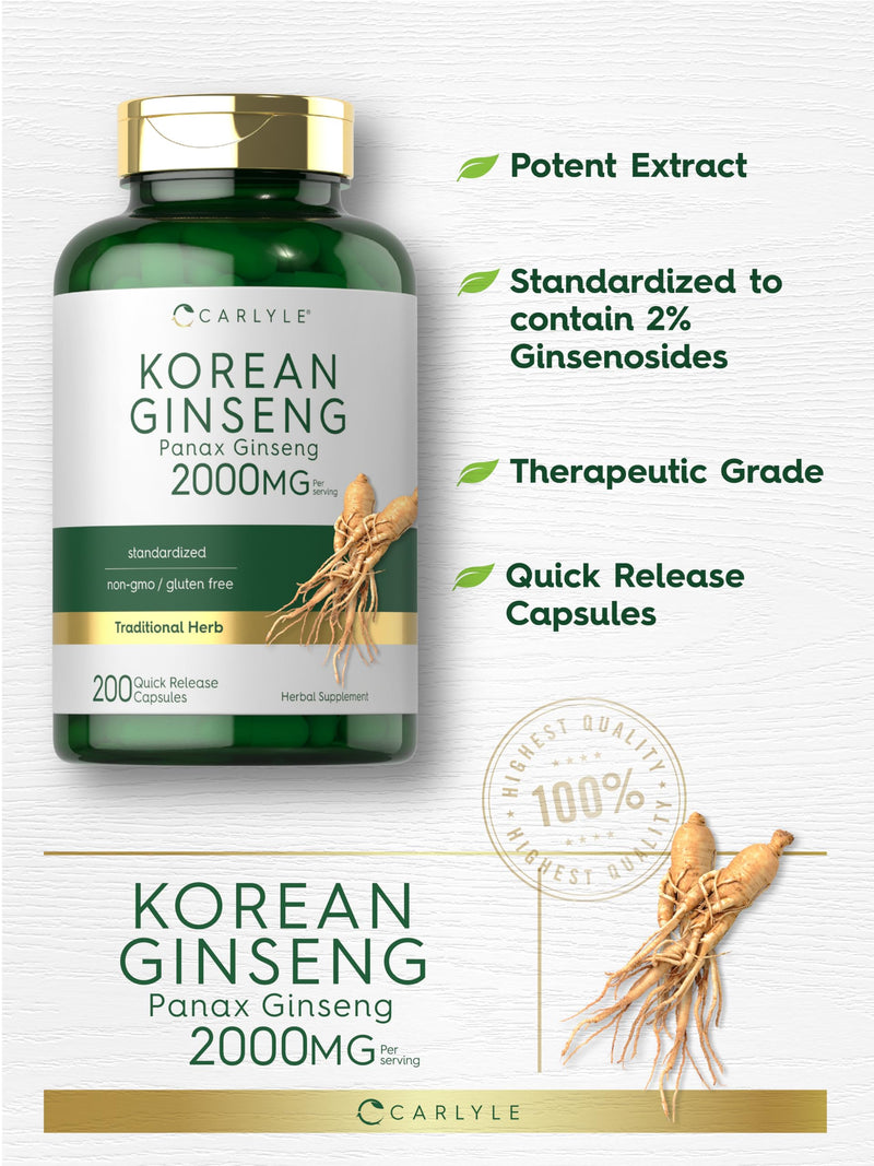 Carlyle Korean Ginseng Extract Capsules 2000 mg | 200 Capsules | Non-GMO and Gluten Free Formula | Standardized Panax Ginseng Supplement 200 Count (Pack of 1)