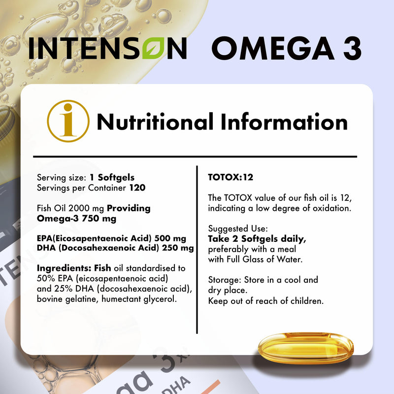 Intenson Omega 3 XT - 1000mg with 750mg of EPA & DHA per Capsule – 120 Softgels of High Strength Omega 3 Fish Oil – 4 Months Supply