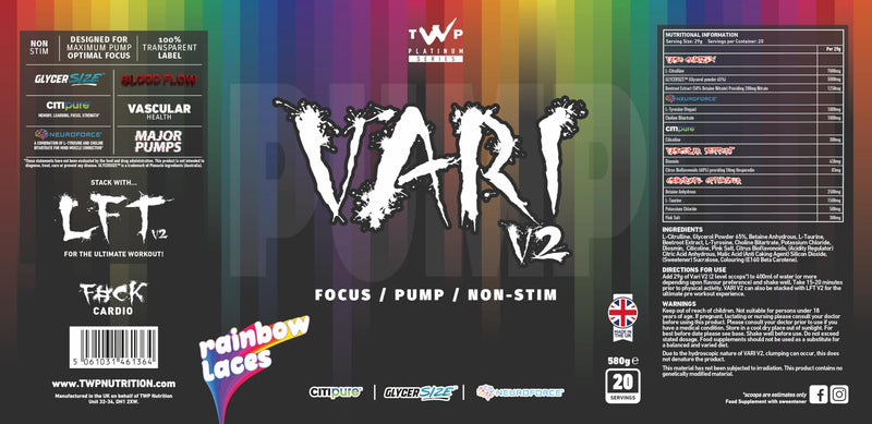 TWP Nutrition Platinum Series VARI V2, Non Stim Focus and Pump Pre Workout, 580g and 20 Servings, 5 Great Flavours (Rainbow Laces) Rainbow Laces