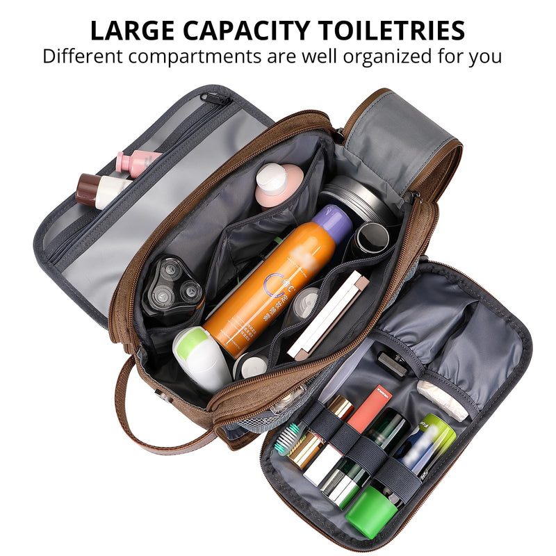 WITZMAN Canvas Toiletry Bag for Men Travel Toiletries Large 7L Dopp Kit | Multi-pockets with Dry-wet Pocket, Side Handle for Hanging, Lightweight, For Daily Use, Bathroom, Make up, A8002 Brown
