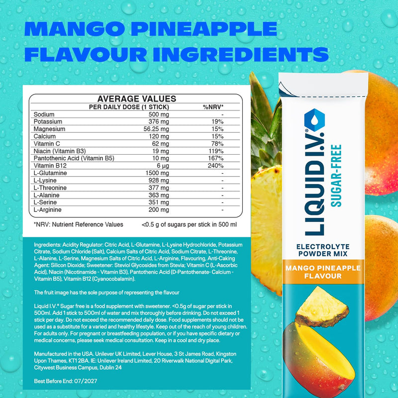 Liquid I.V. Electrolyte Powder Pack, Lemon Lime Hydration Multiplier & Sugar Free Mango Pineapple, Electrolytes with 7 Vitamins & Minerals for Fast Hydration & Energy, Vegan & Gluten Free, 12 Sachets
