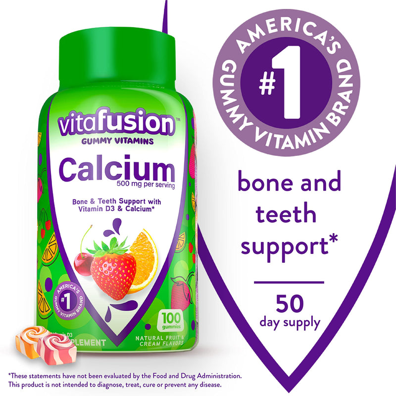 vitafusion Extra Strength Biotin Gummy Vitamins & Chewable Calcium Gummy Vitamins for Bone and Teeth Support, Fruit and Cream Flavored, America’s Number 1 Gummy Vitamin Brand, 50 Day Supply, 100 Count