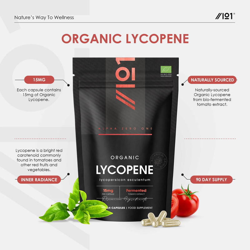 Organic Lycopene 15mg - Bio-Fermented Tomato Extract – 90 Vegan Capsules (3 Months Supply) – Resealable and Recyclable Pouch – By Alpha01