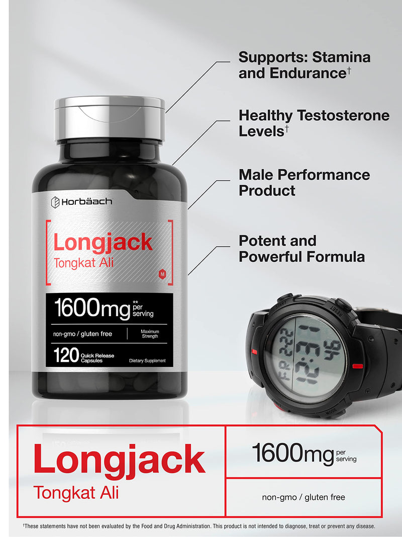 Horbäach - Longjack Tongkat Ali 1600 mg | 120 Capsules | Longifolia Root Extract Powder | Maximum Strength Formula | Non-GMO, Gluten Free