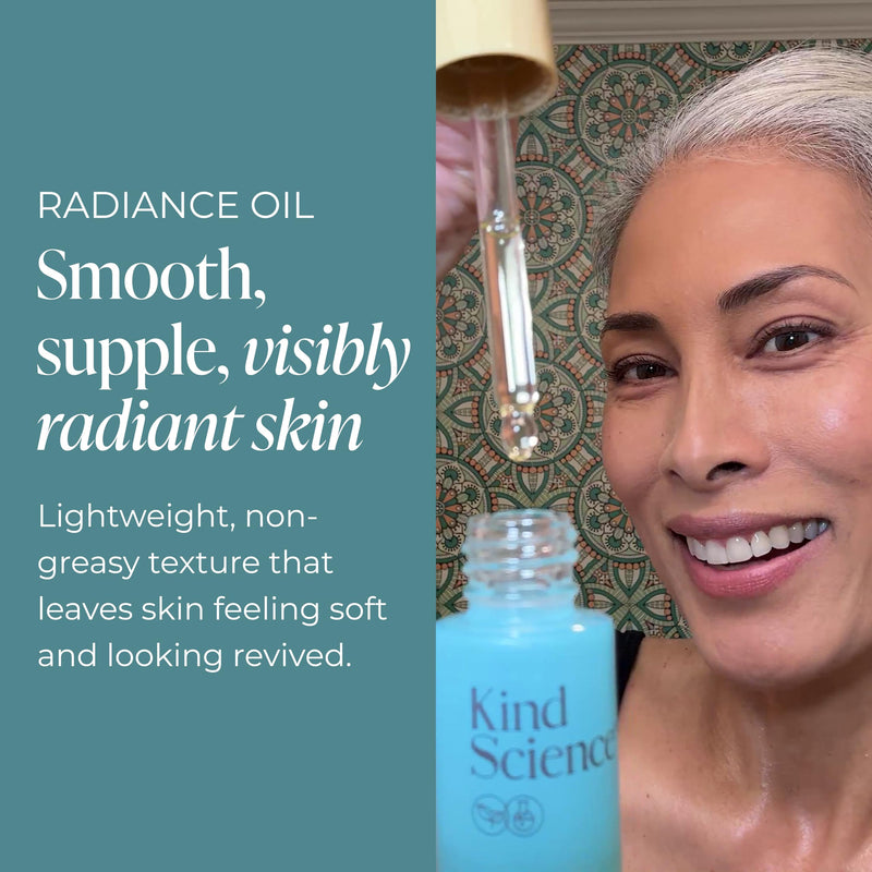 Kind Science Radiance Face Oil - Hydrating with Vitamin E, C & A, Bakuchiol, Jojoba & Moringa Oil - Anti Aging to Give Skin a Fresh, Dewy Look - Vegan, Paraben Free, Cruelty Free, 0.5 fl oz