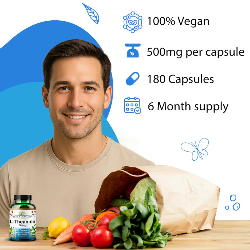 L-Theanine 500 mg – 180 Vegan Capsules – High Strength Amino Acid from Green Tea | 6-Month Supply | 98% Pure, No Additives | Danish Made