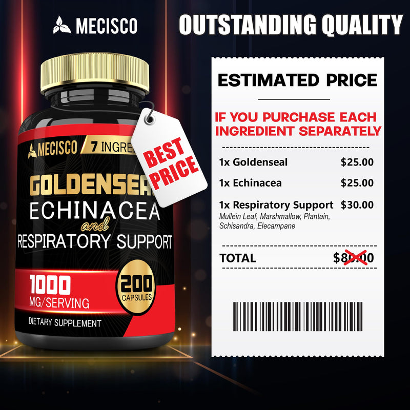 [Australia] - Goldenseal Root Capsule Organic with Echinacea, Mullein Leaf, Plantain & More - 7 Premium Herbal Supports Immune System, Digestive Health, Smooth Breathing, and Body Management - 200 Capsules 200 Count (Pack of 1) 