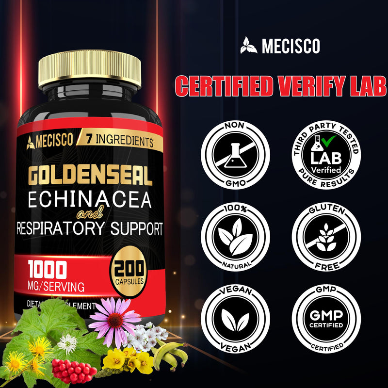 [Australia] - Goldenseal Root Capsule Organic with Echinacea, Mullein Leaf, Plantain & More - 7 Premium Herbal Supports Immune System, Digestive Health, Smooth Breathing, and Body Management - 200 Capsules 200 Count (Pack of 1) 